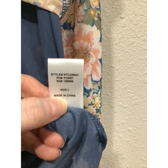 Magnolia Boutique Blue Floral Sheer Mesh Top Mock Neck L Boho Indie Y2K Coquette - Picture 7 of 9